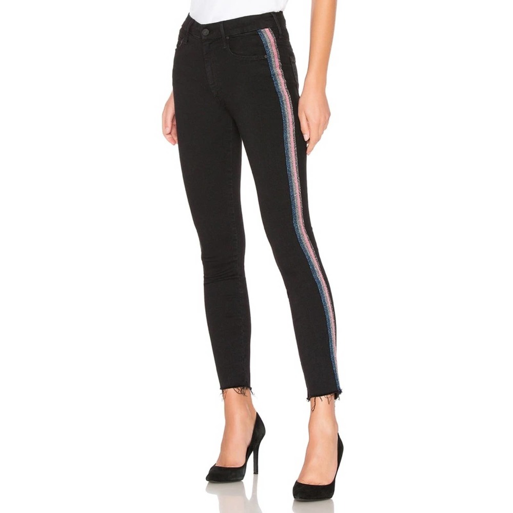 MOTHER High Waisted Looker Jeans Ankle Fray in Guilty Glitter Racer sz 26